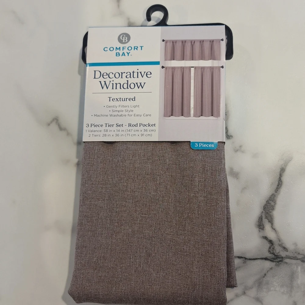 NEW Comfort Bay Window Textured Kitchen Curtains Valance 3 Piece Set Brown Linen
